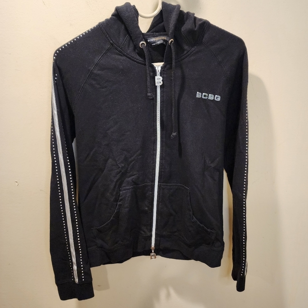 BCBGMAXZARIA Women's black zip-up cotton  Hooded sweater size L